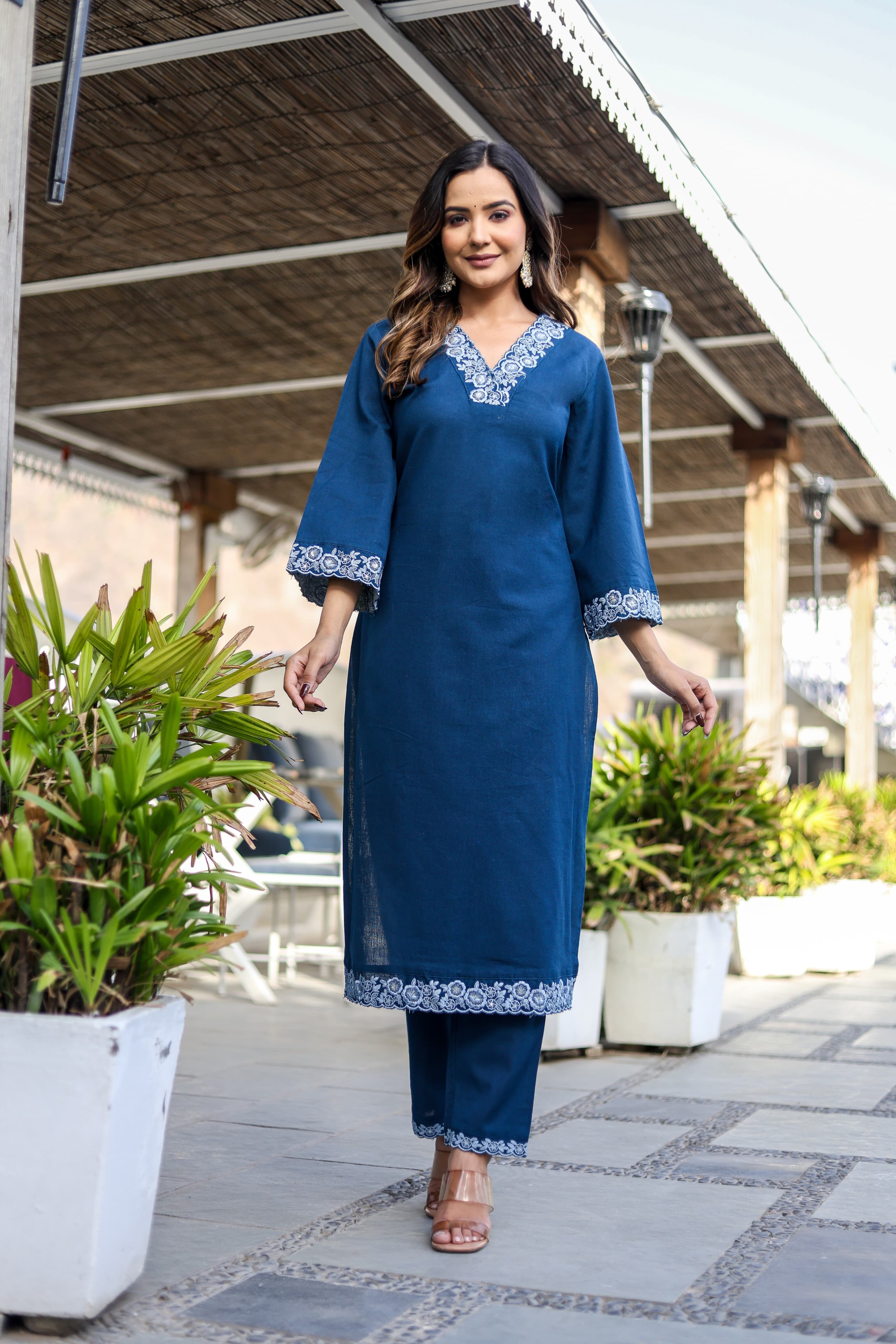 Shehnaz Thread Embroidered Pakistani Solid Blue Co-Ord Set