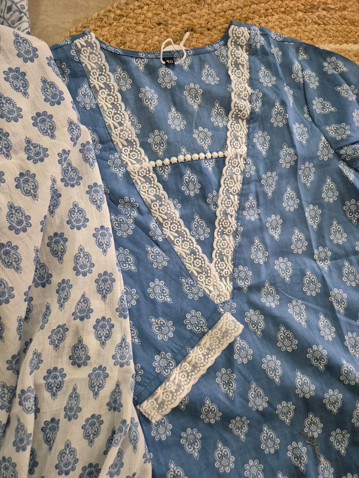 Ruhaani Block Printed Blue Straight Suit Set