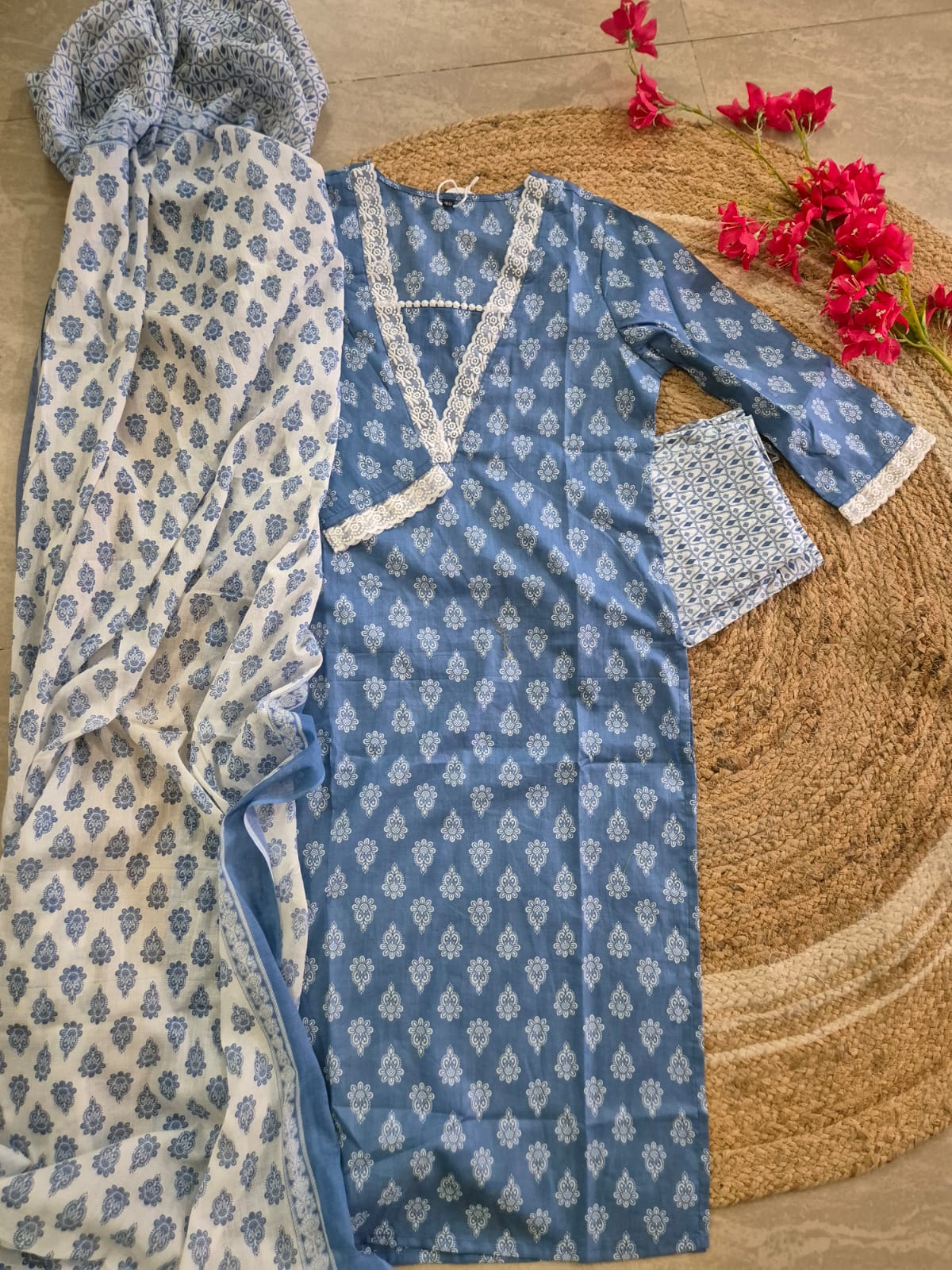 Ruhaani Block Printed Blue Straight Suit Set