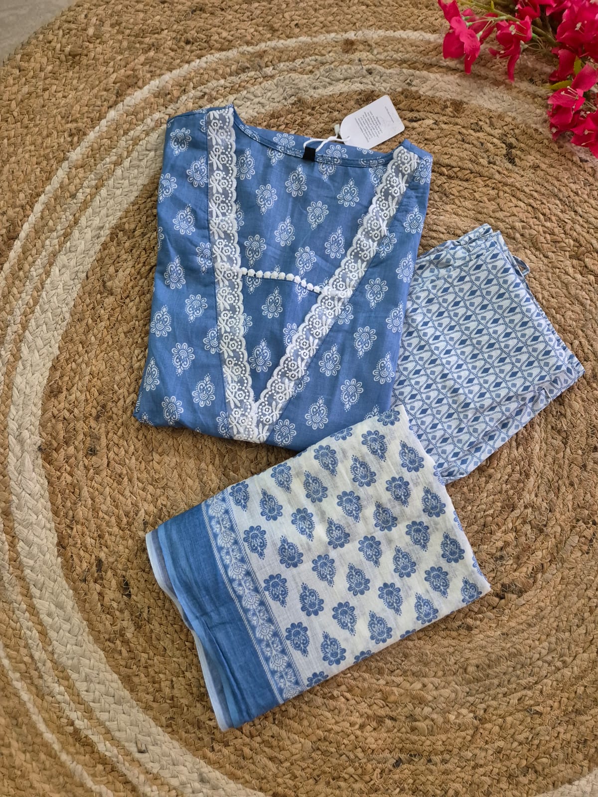 Ruhaani Block Printed Blue Straight Suit Set