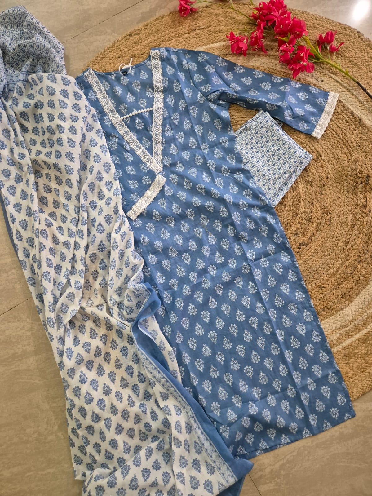 Ruhaani Block Printed Blue Straight Suit Set