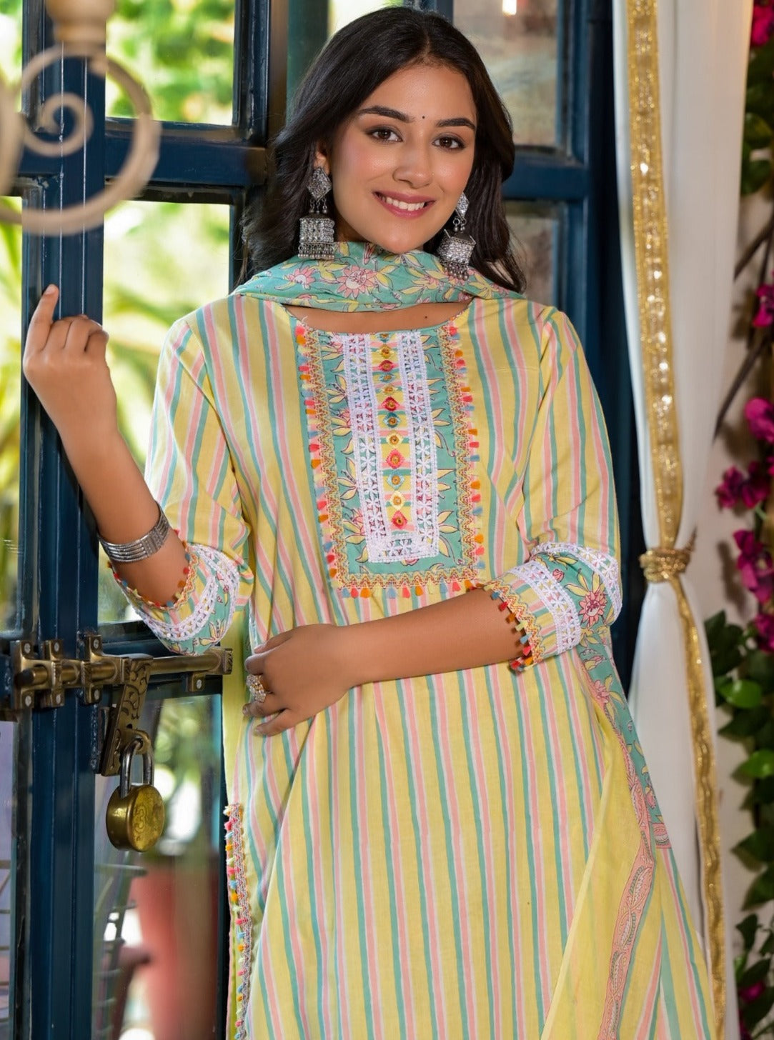 Kasturi Floral Striped Printed Lemon Green Pakistani Straight Suit Set