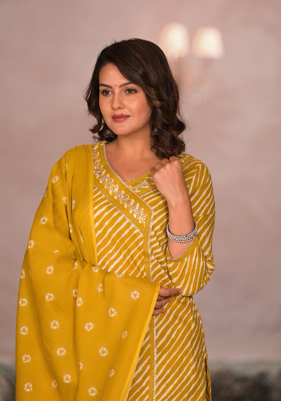 Gauri Lehriya Printed Angrakha Yellow straight suit set