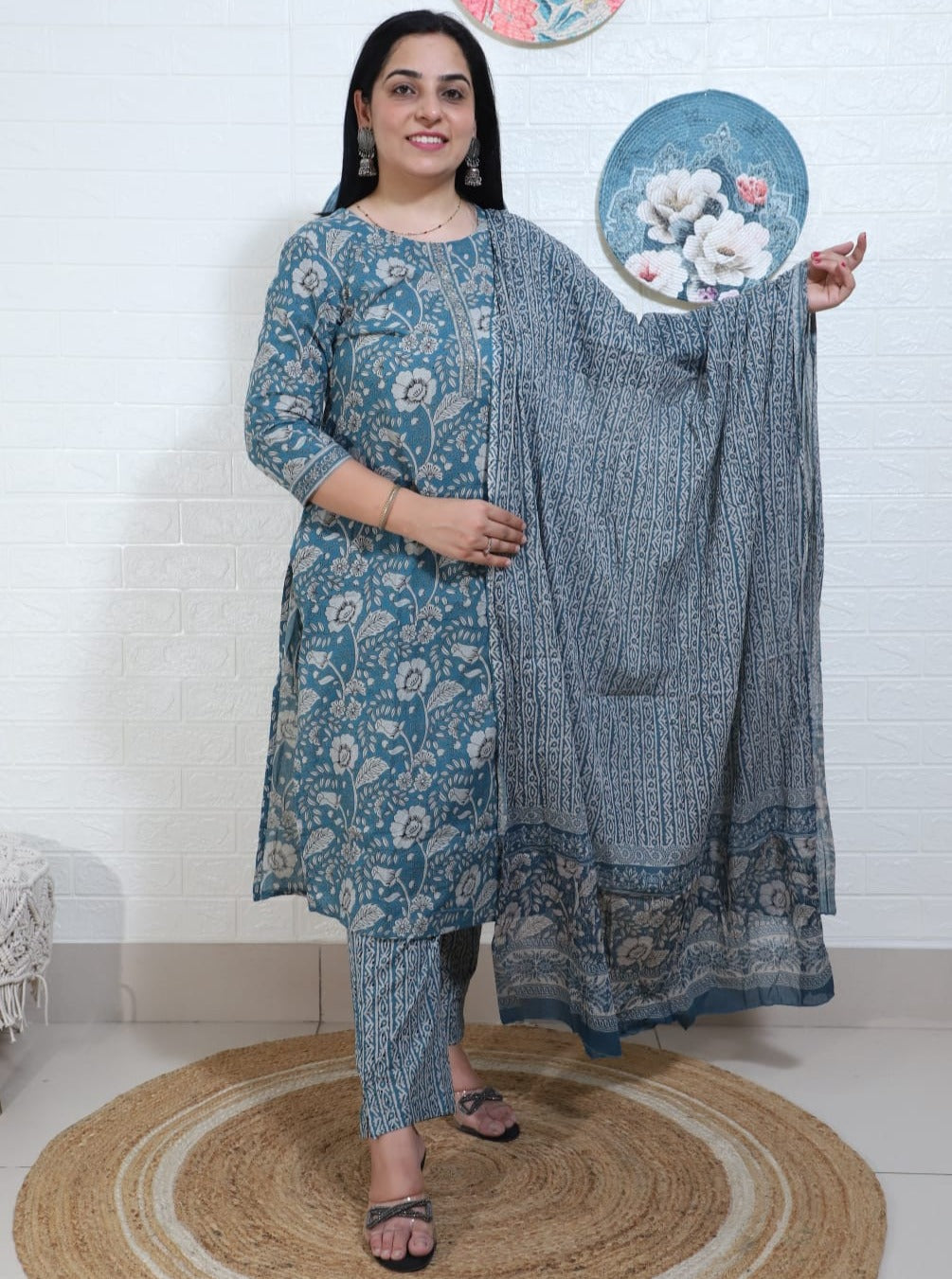 Amaira Block Printed Peacock Blue Straight Suit Set