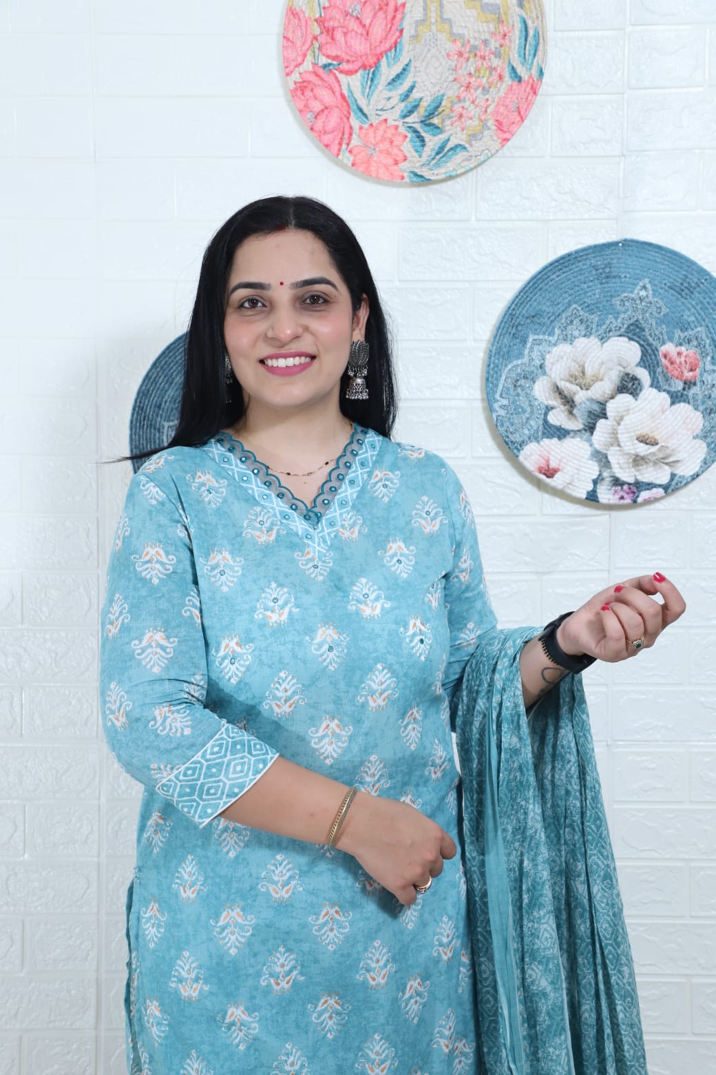 Ruhaani Block Printed Greenish Blue Straight Suit Set