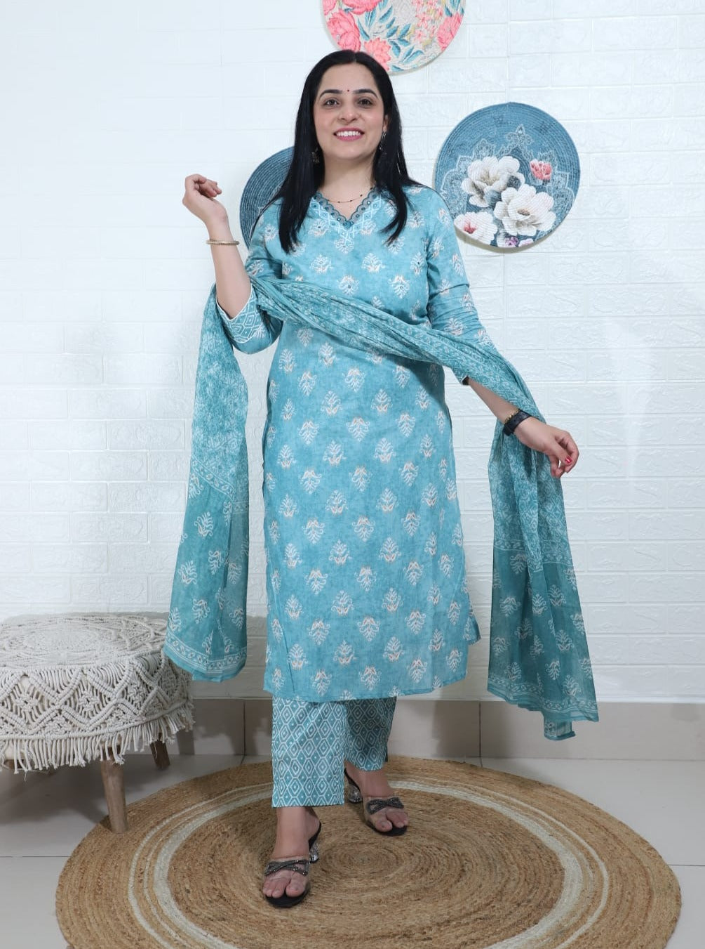 Ruhaani Block Printed Greenish Blue Straight Suit Set