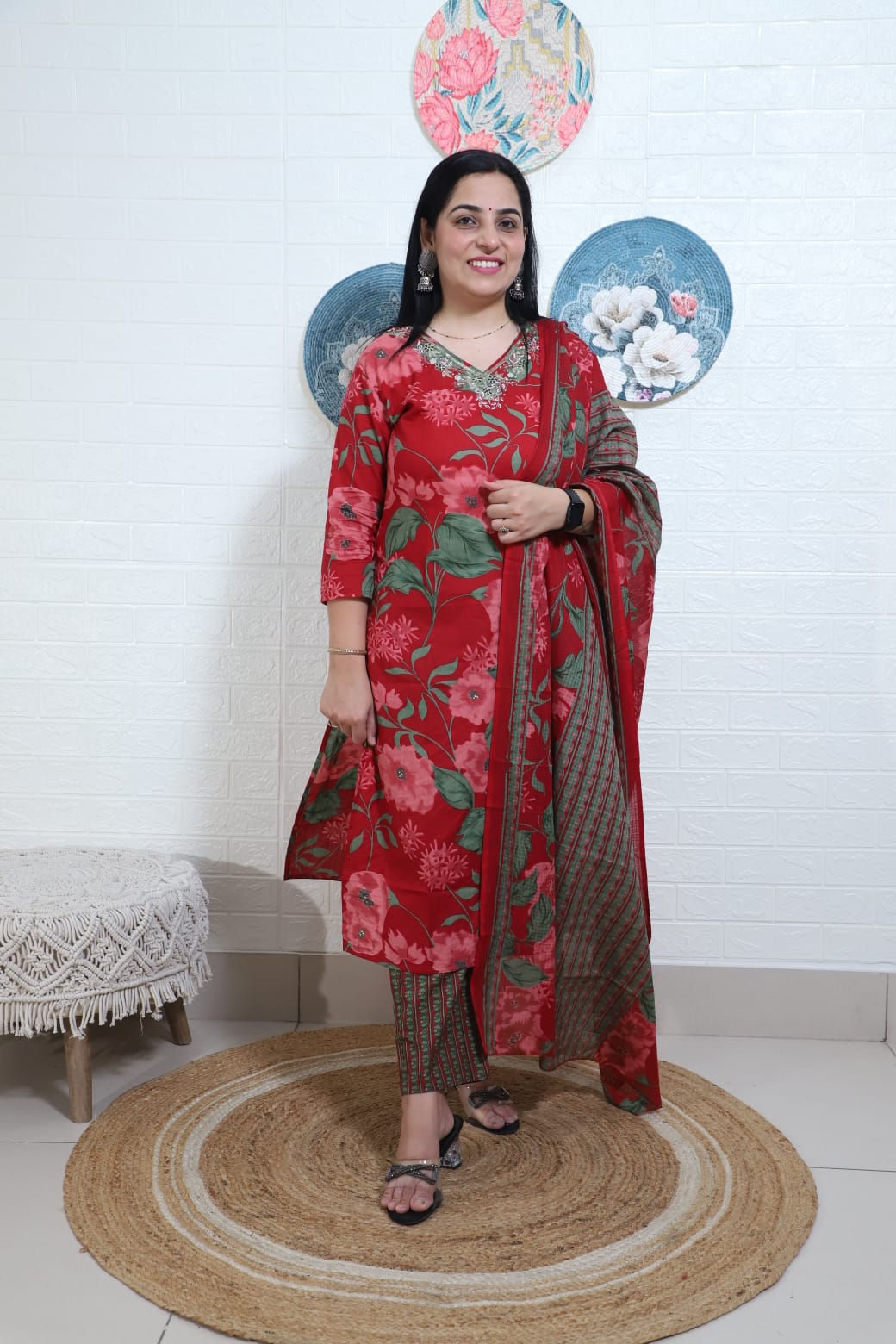 Ruhaani Floral Painted Red Straight Suit Set