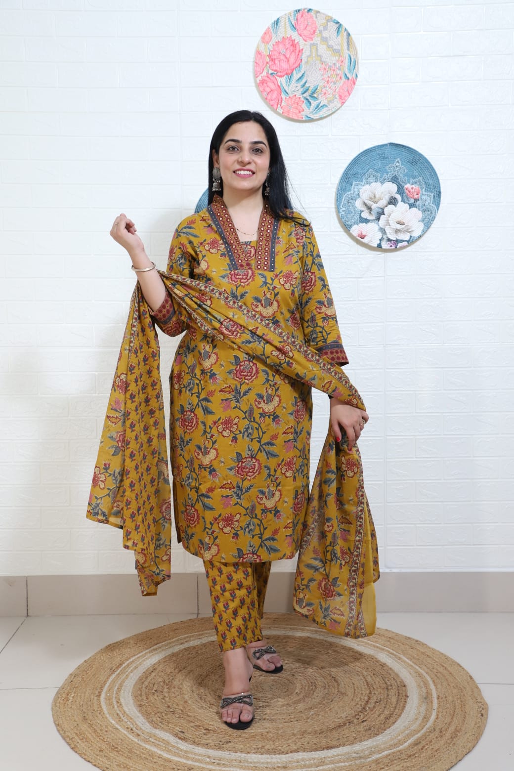 Ruhaani Block Printed Mustard Straight Suit Set