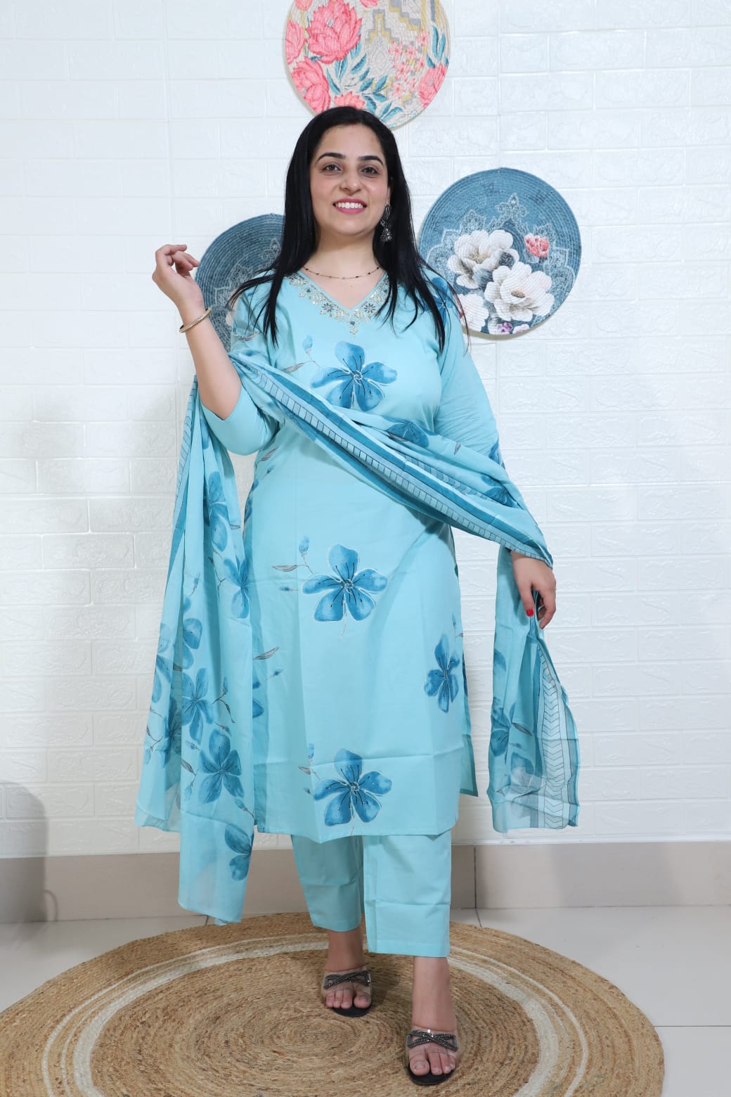 Ruhaani Floral Brush Painted Blue Straight Suit Set