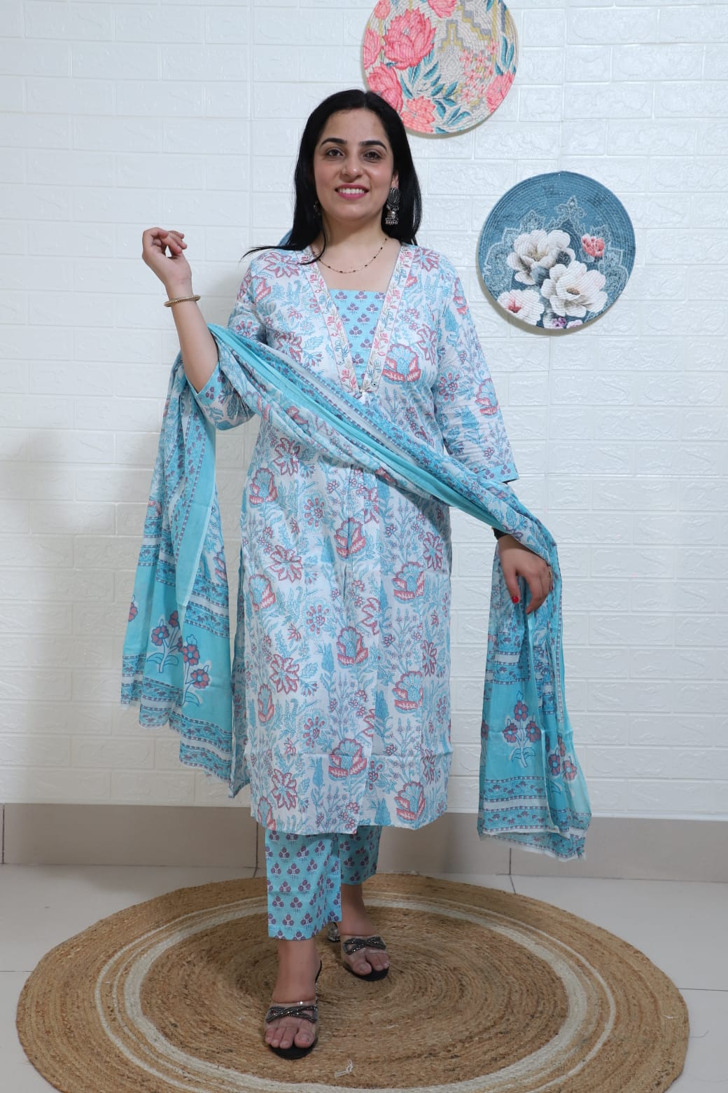 Ruhaani Block Printed Blue Straight Suit Set