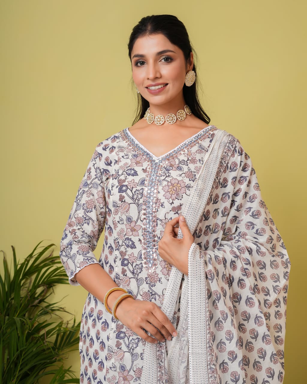 Amaira Block printed Off White Straight Suit Set