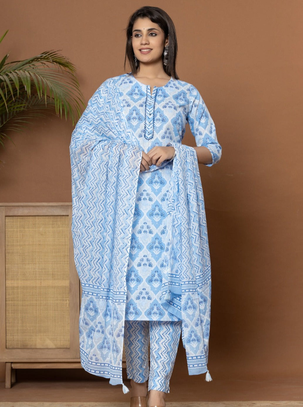 Kripa Block printed Shades of Blue Straight Suit Set