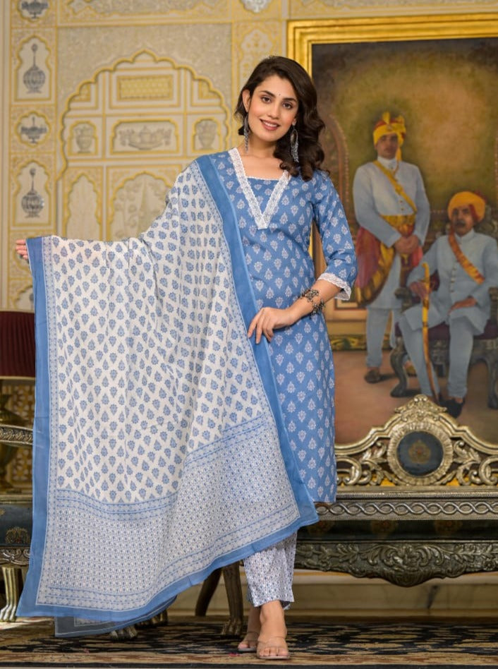 Ruhaani Block Printed Blue Straight Suit Set