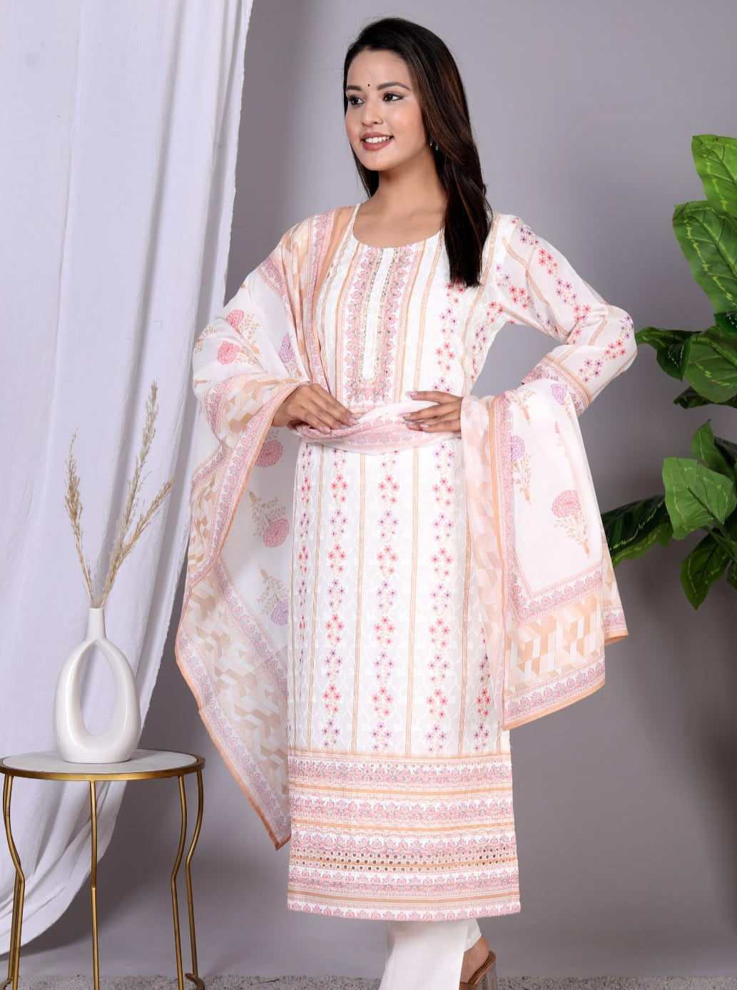 Radha Floral Printed Chikan Straight Suit Set