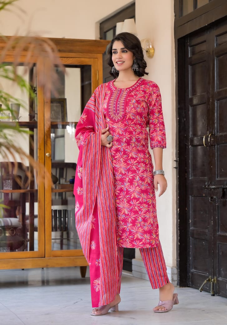 Ashnoor Block Floral printed Rani Straight Suit Set