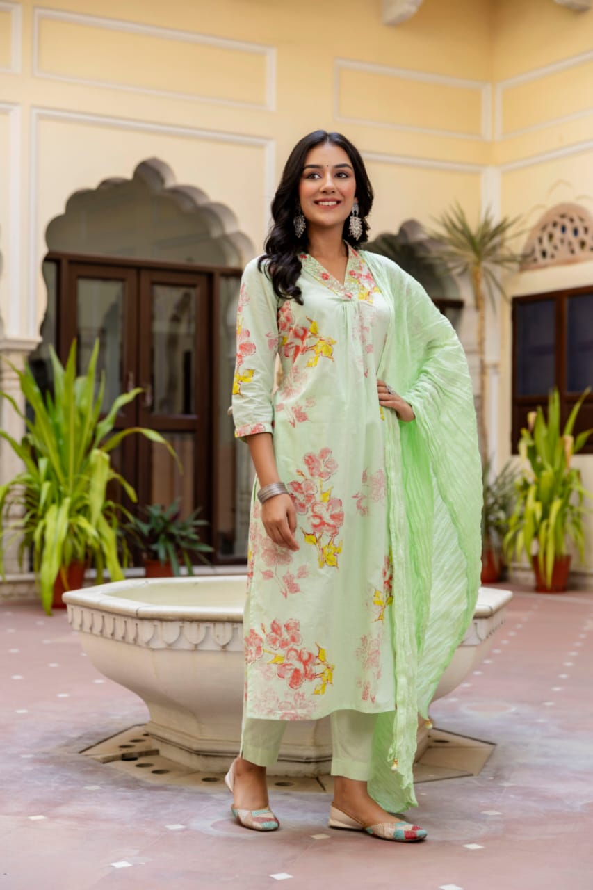 Gauri Floral Printed V Neck Green straight suit set