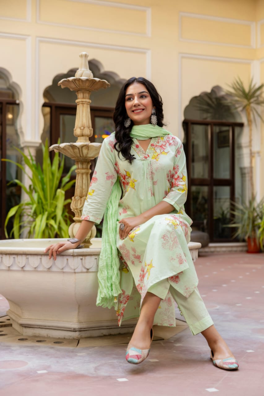 Gauri Floral Printed V Neck Green straight suit set