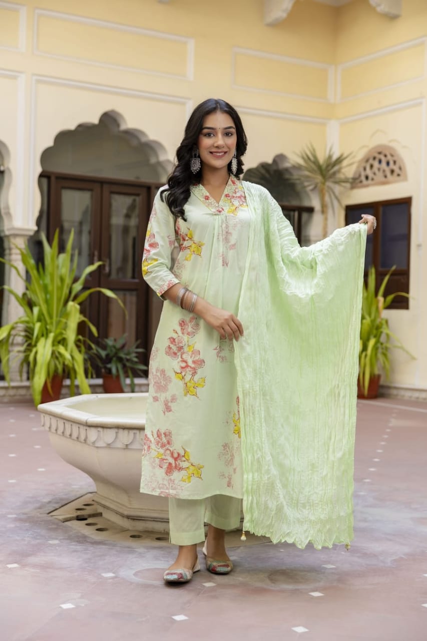 Gauri Floral Printed V Neck Green straight suit set