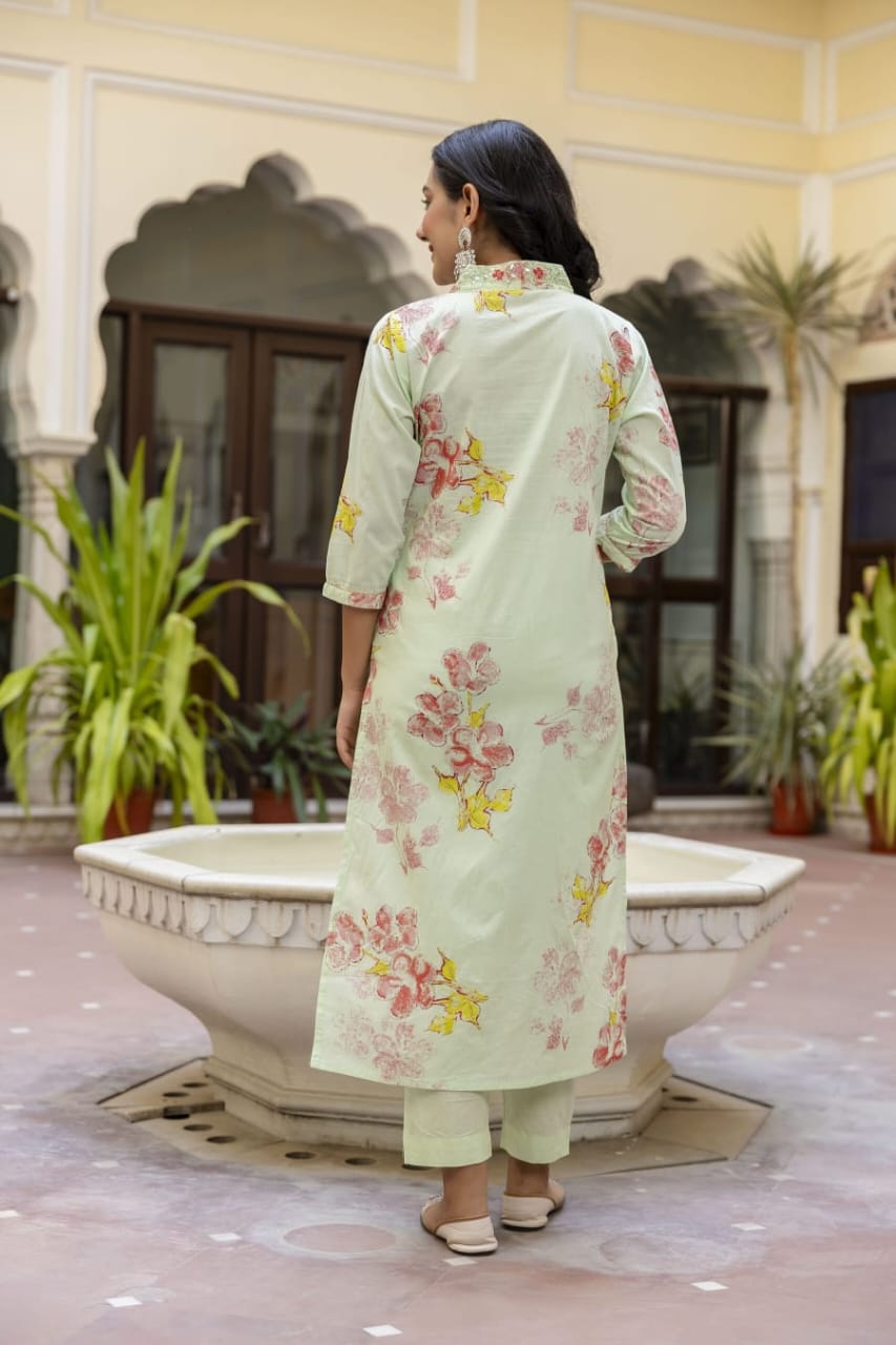 Gauri Floral Printed V Neck Green straight suit set