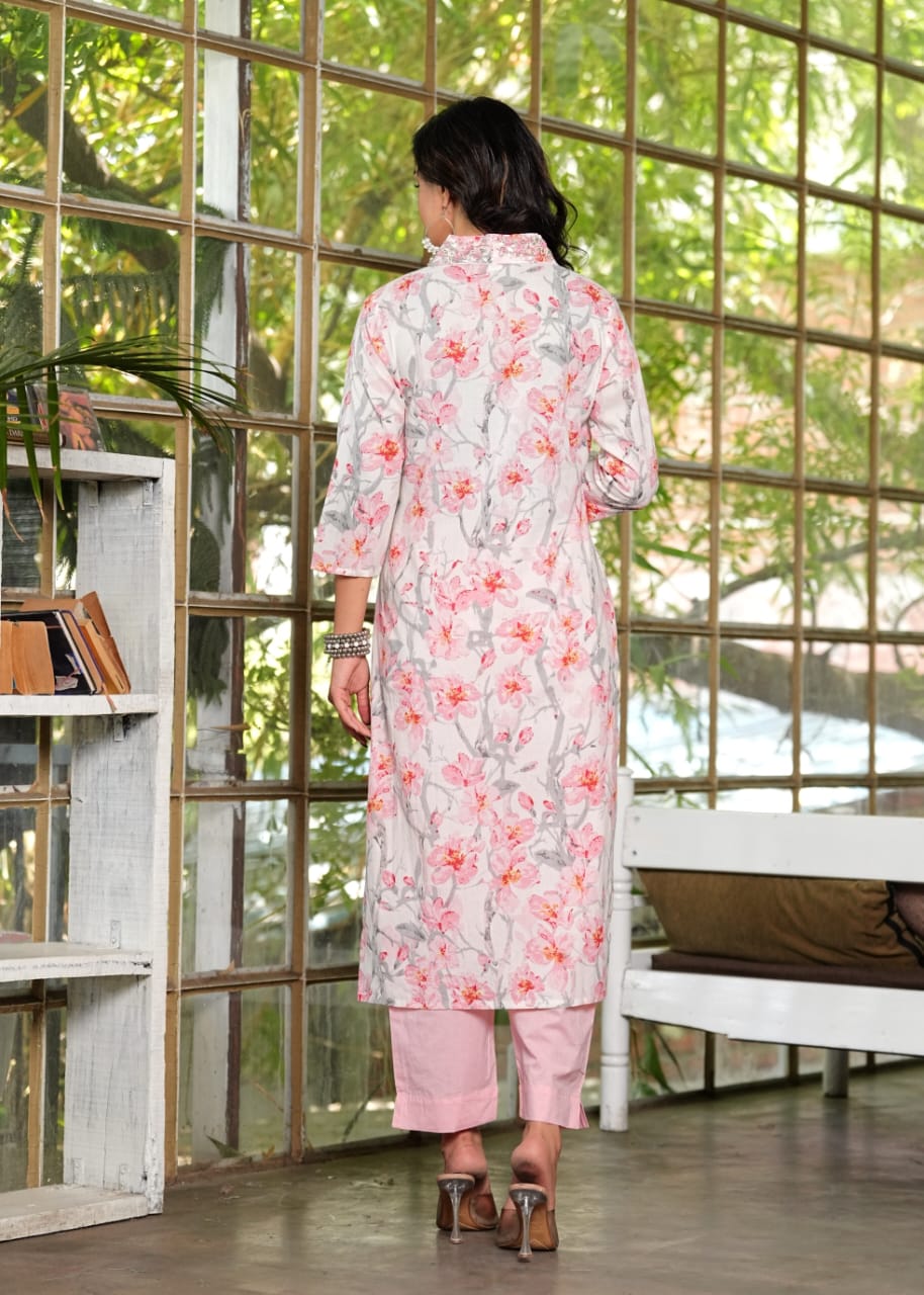 Gauri Floral Printed V Neck Pink straight suit set