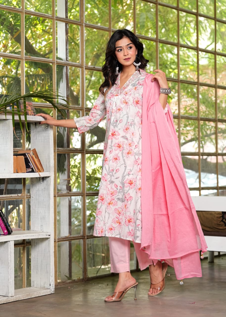 Gauri Floral Printed V Neck Pink straight suit set