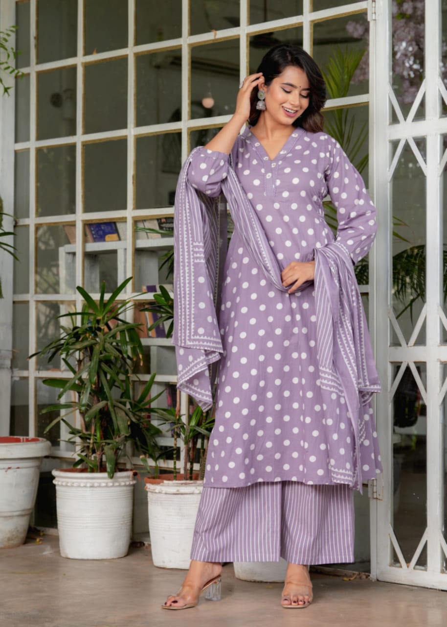 Maisha Polka Dot Printed Lavender Suit Set