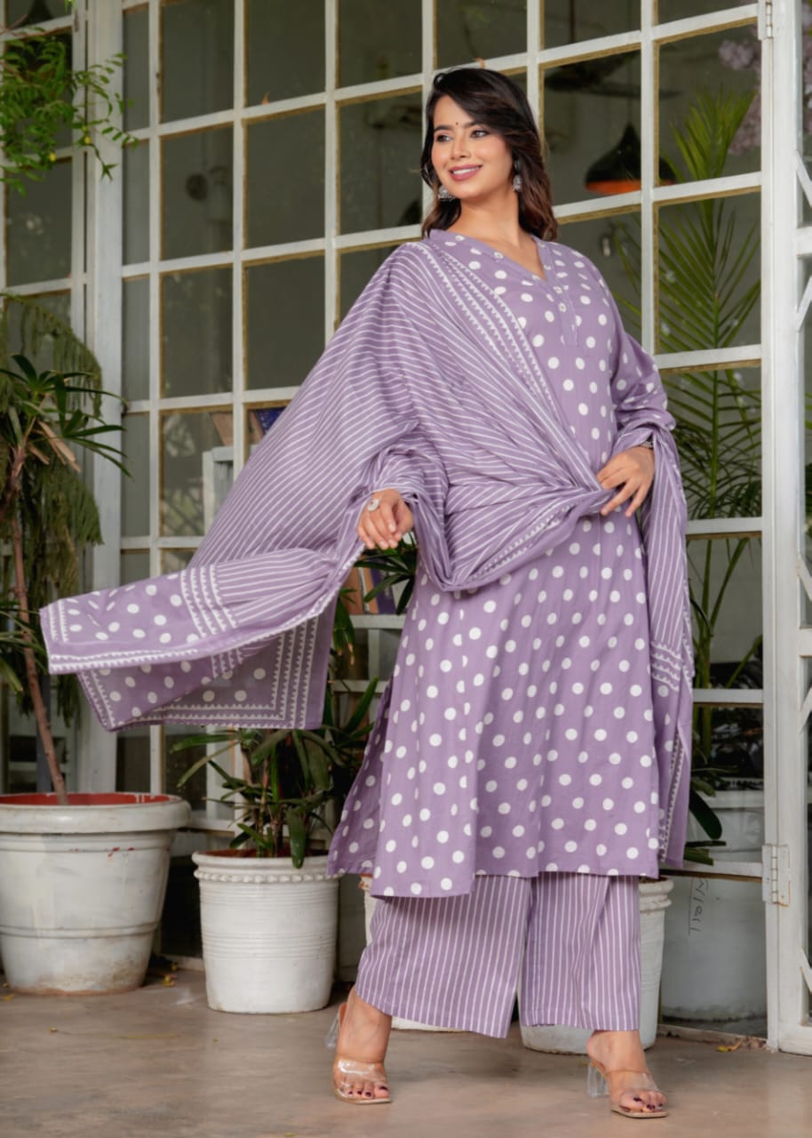 Maisha Polka Dot Printed Lavender Suit Set