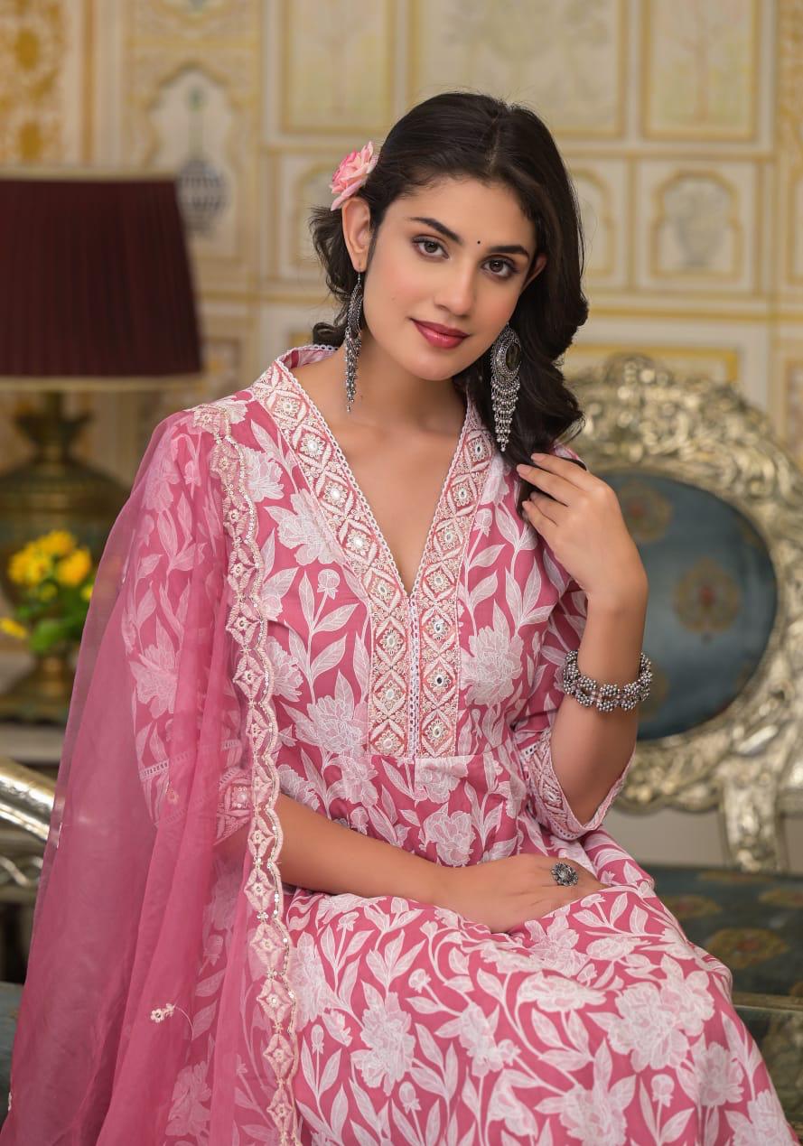 Rutwi Block Printed Pink Pakistani Anarkali Suit Set