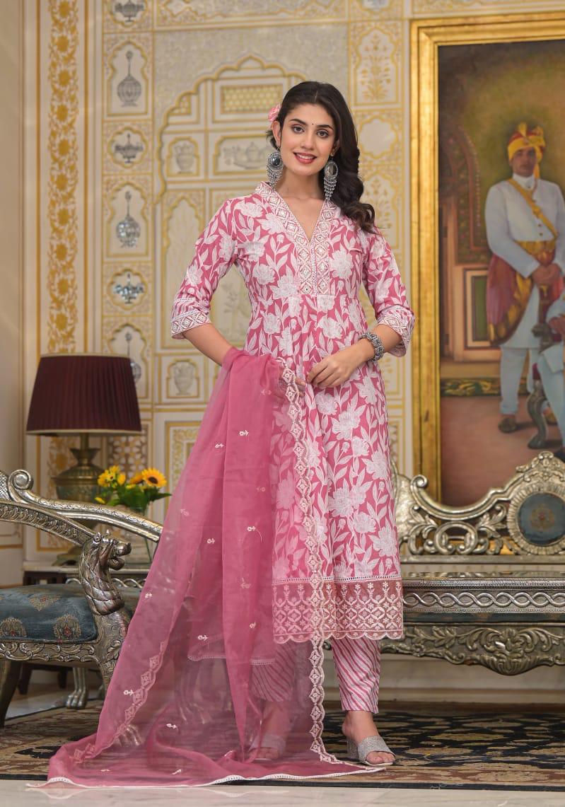 Rutwi Block Printed Pink Pakistani Anarkali Suit Set