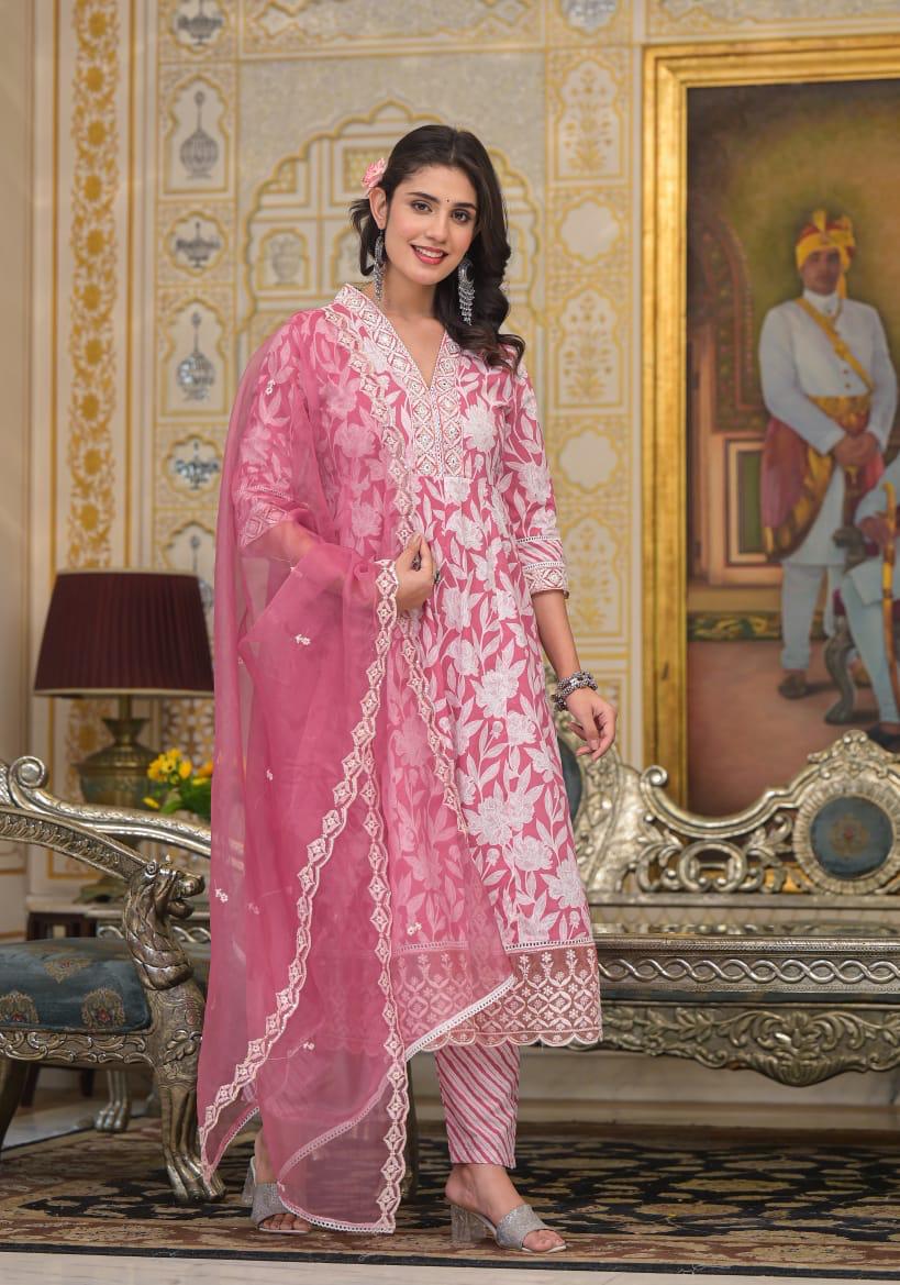 Rutwi Block Printed Pink Pakistani Anarkali Suit Set