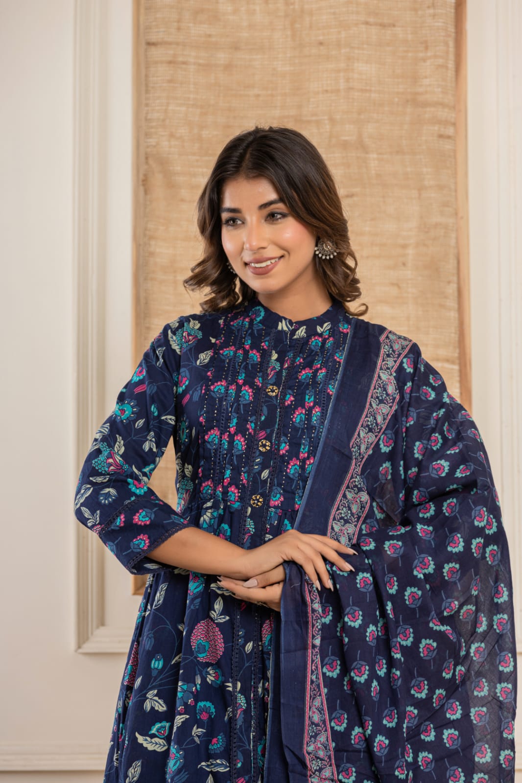 Vaidehi Royal Blue Block printed Frock Suit Set