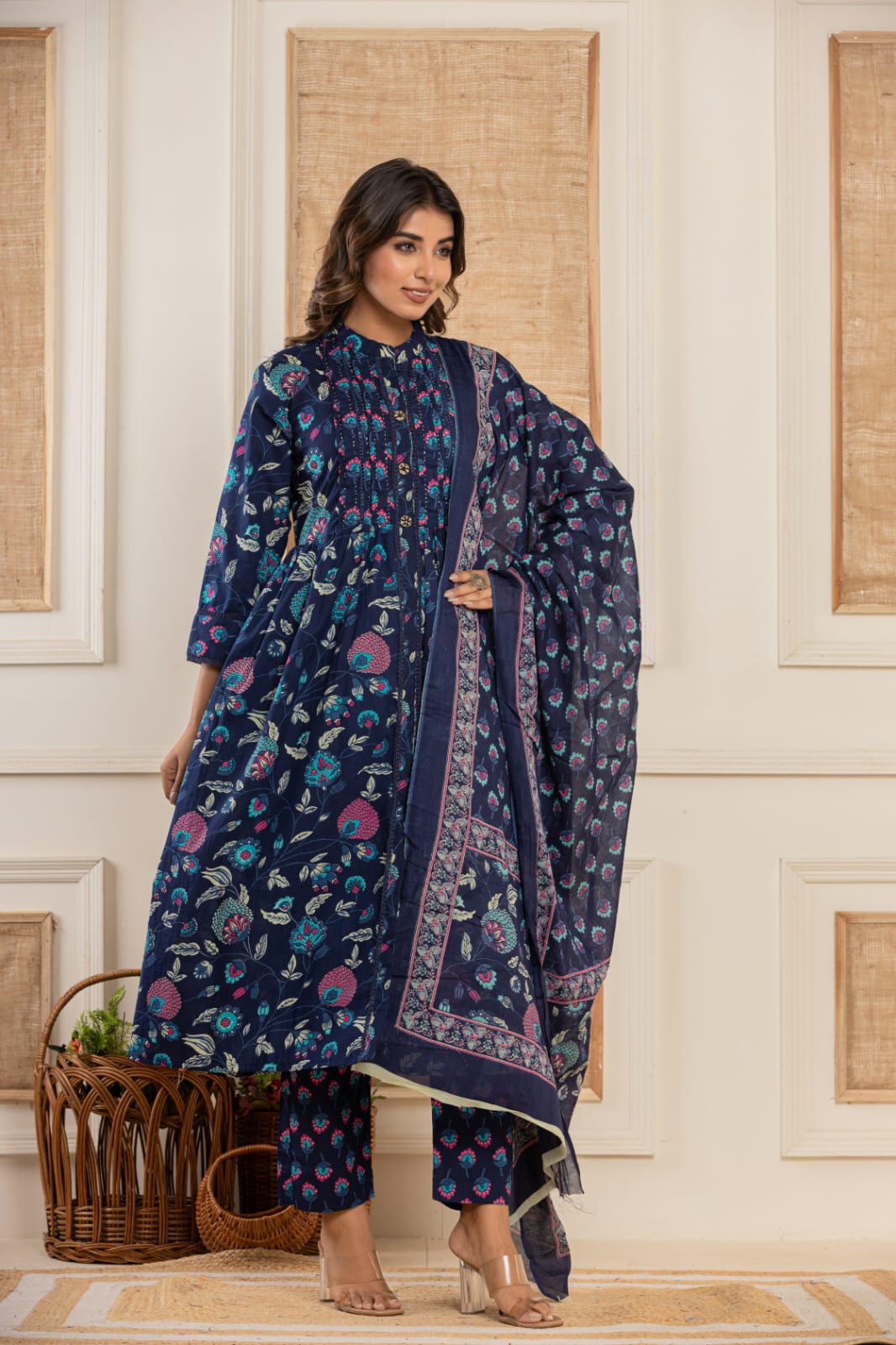 Vaidehi Royal Blue Block printed Frock Suit Set