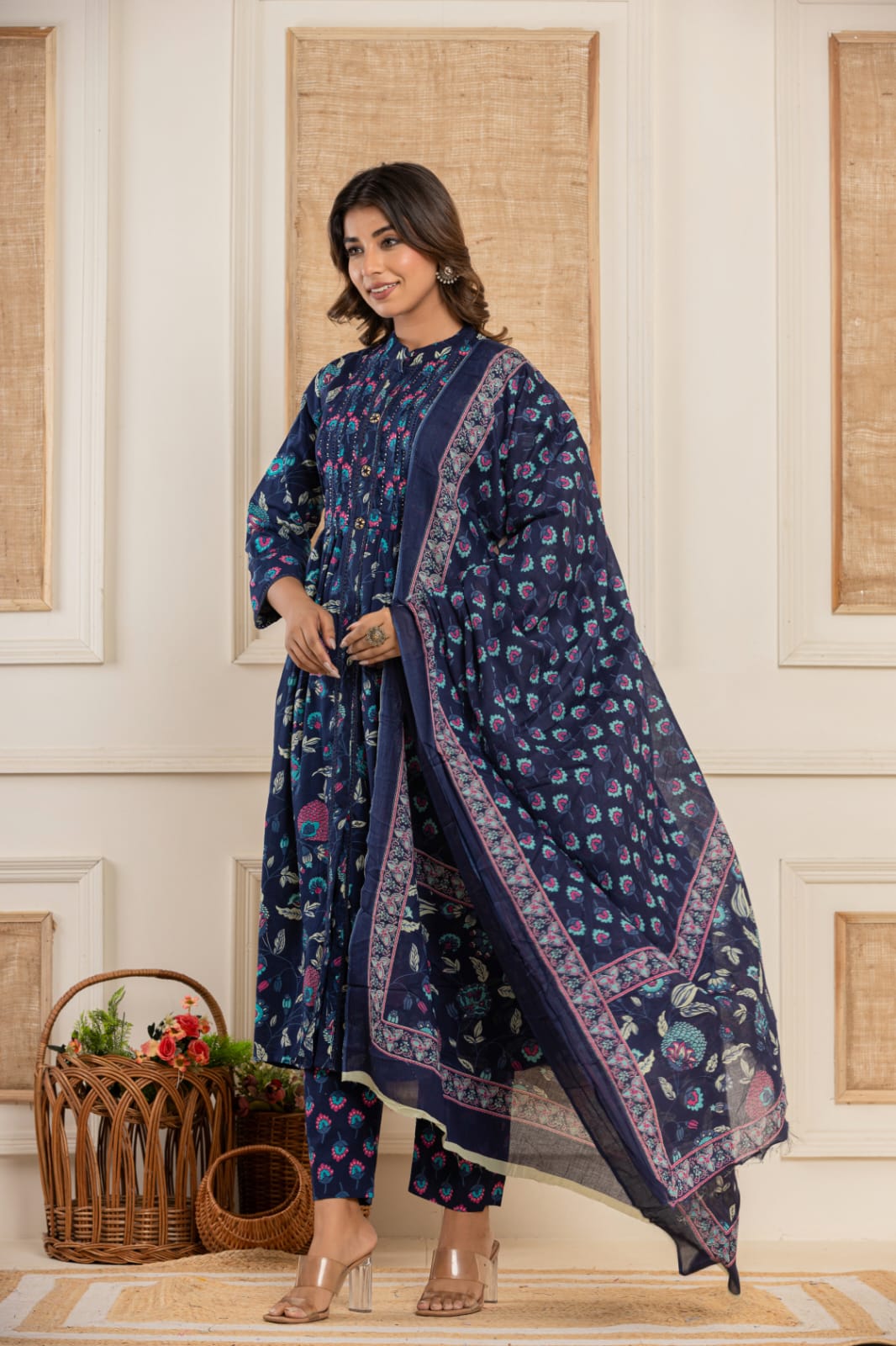 Vaidehi Royal Blue Block printed Frock Suit Set