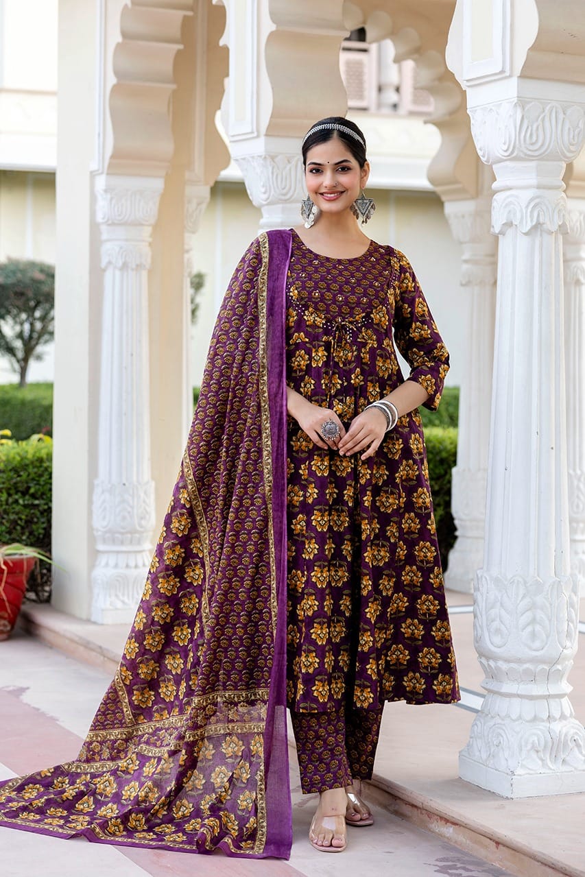 Maisha Floral Angrakha Style Purple Frock Suit Set