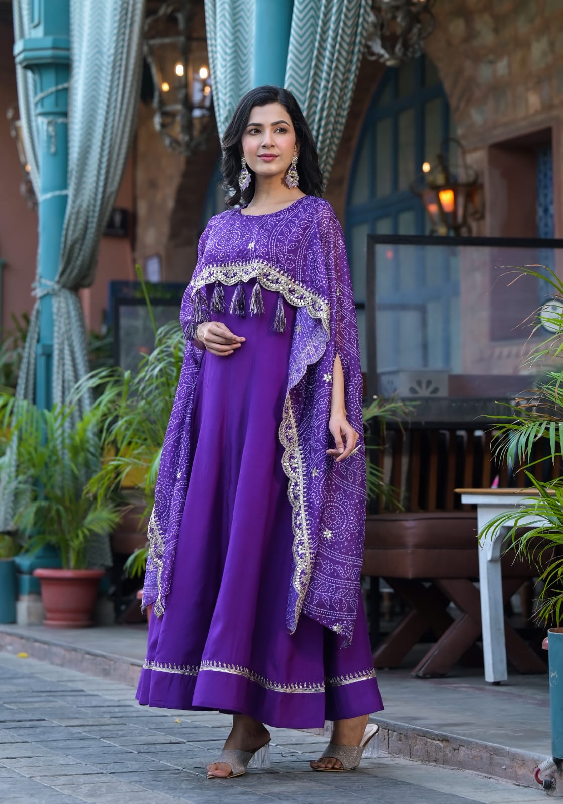 Ditya Bandhani Printed Purple One Piece Dress