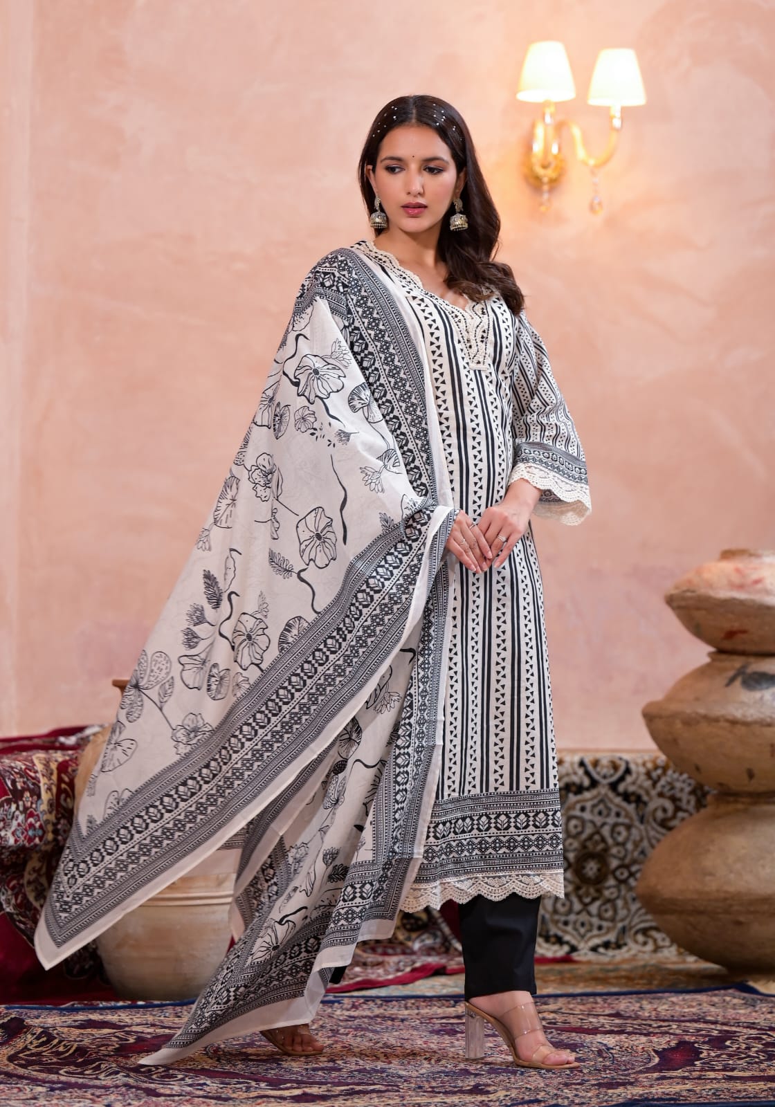 Rutwi Block Printed B&W Pakistani Straight Suit Set