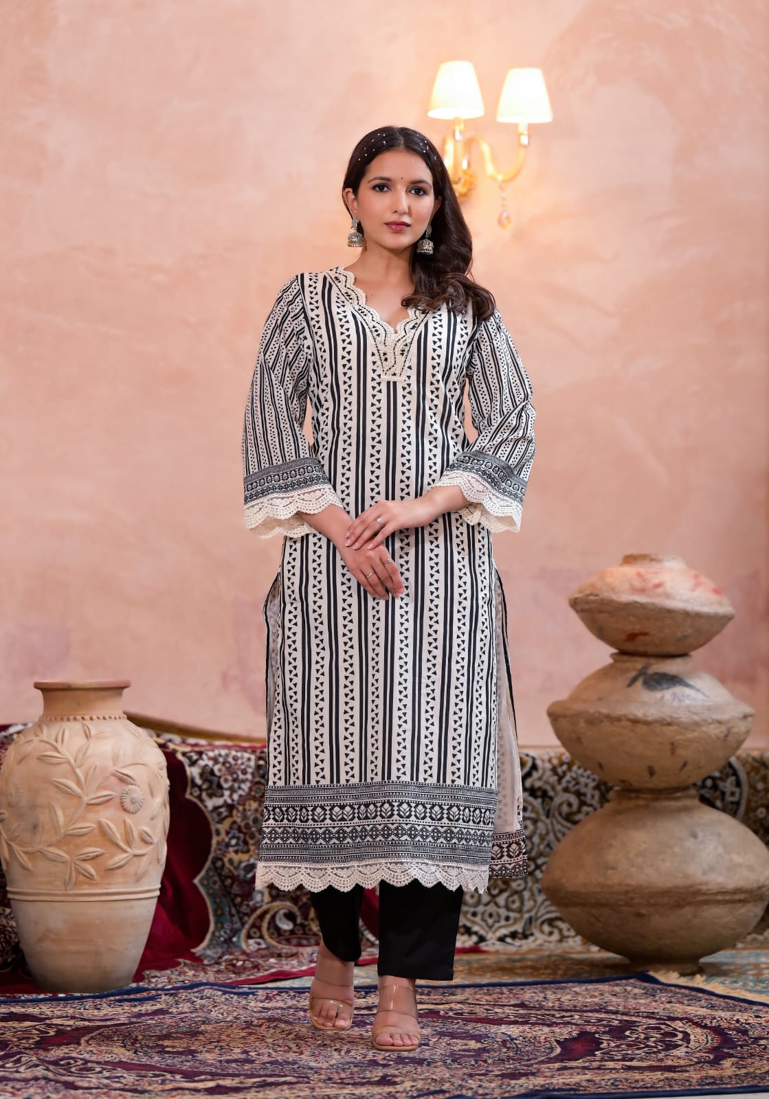 Rutwi Block Printed B&W Pakistani Straight Suit Set