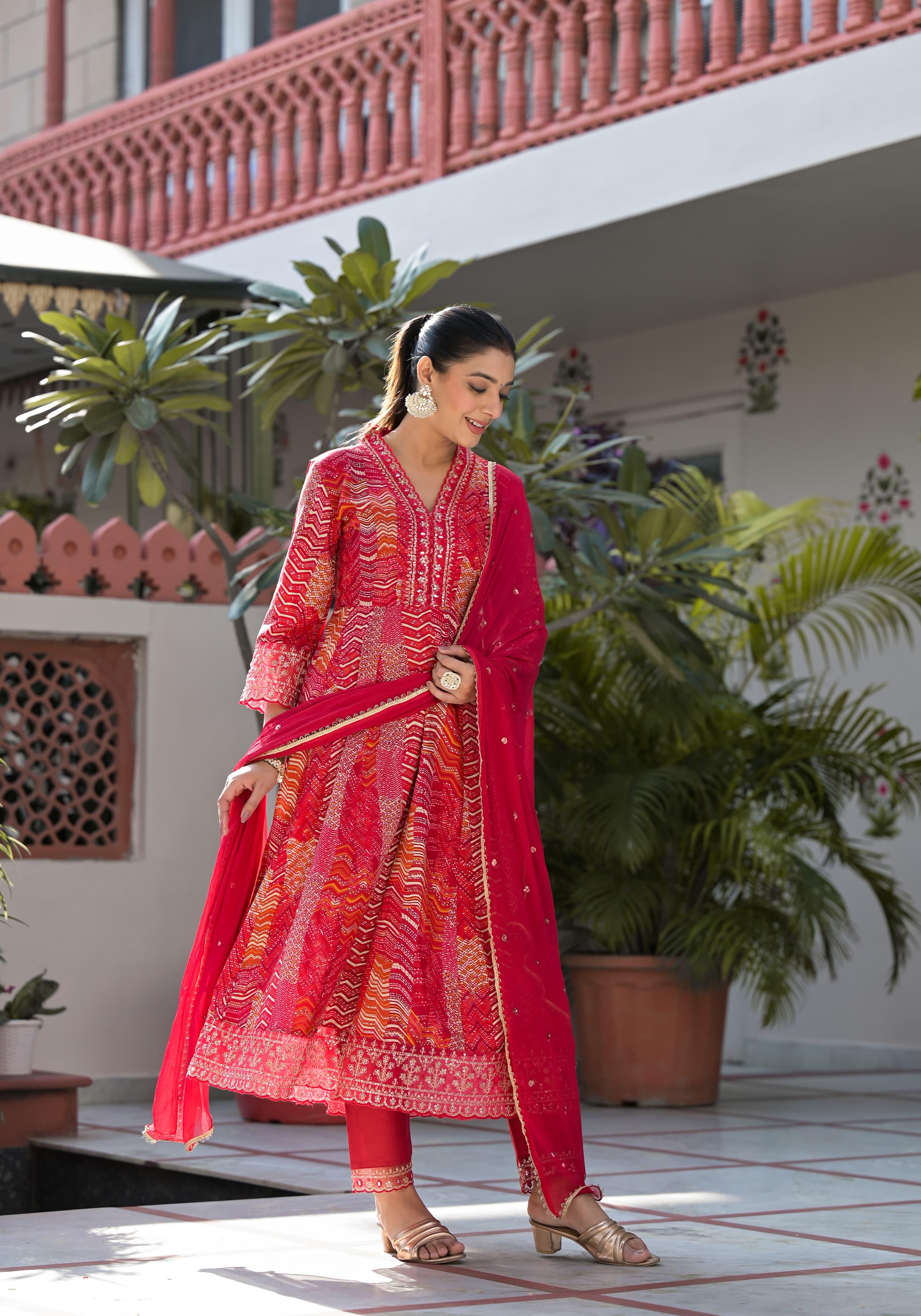 Ditya Block Printed Red Pakistani Anarkali Suit Set