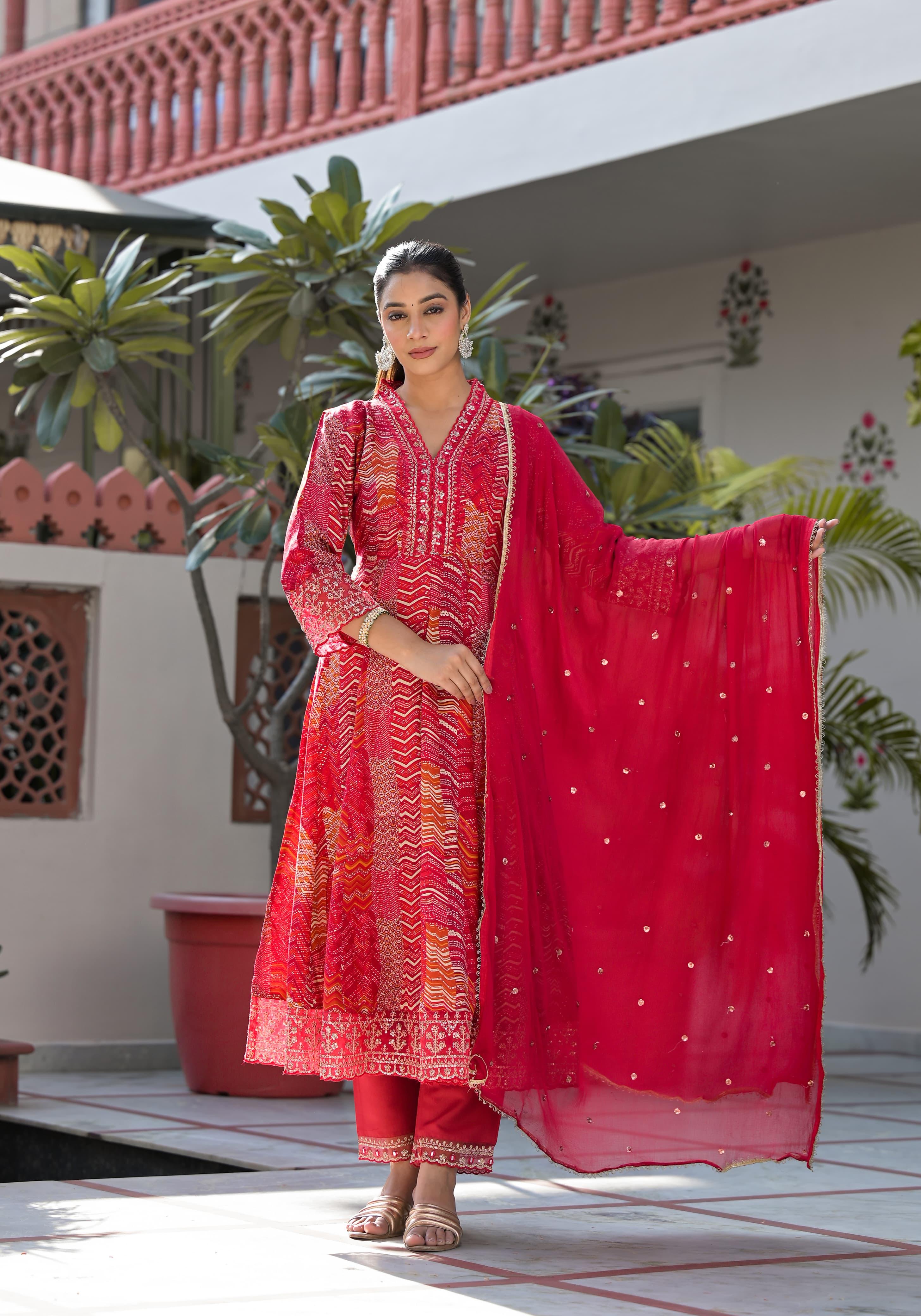 Ditya Block Printed Red Pakistani Anarkali Suit Set