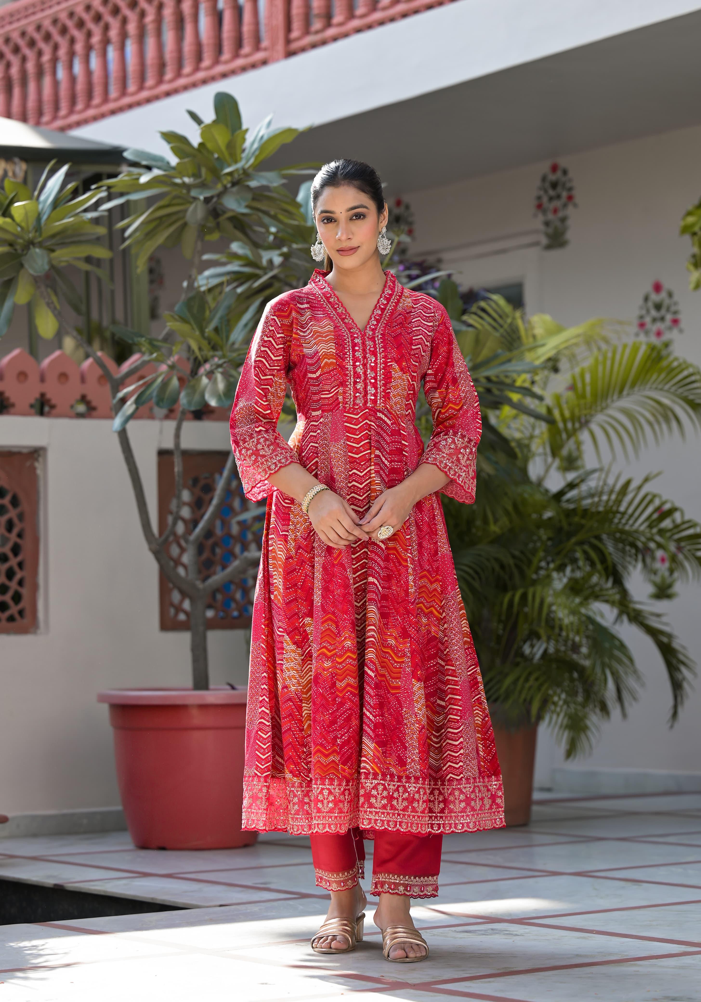 Ditya Block Printed Red Pakistani Anarkali Suit Set