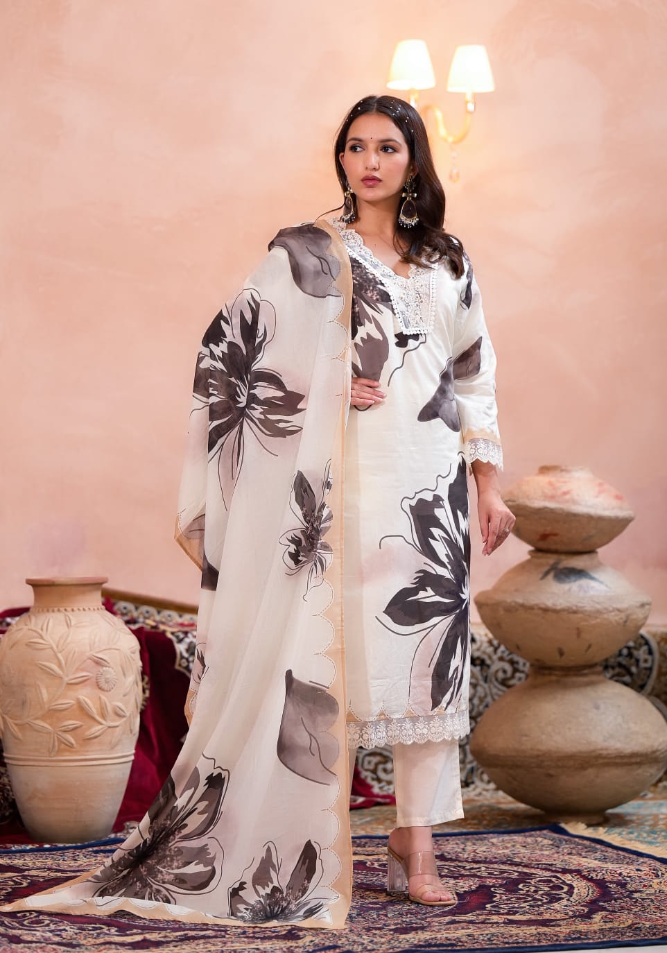 Aashna Floral Printed B&W Pakistani Straight Suit Set