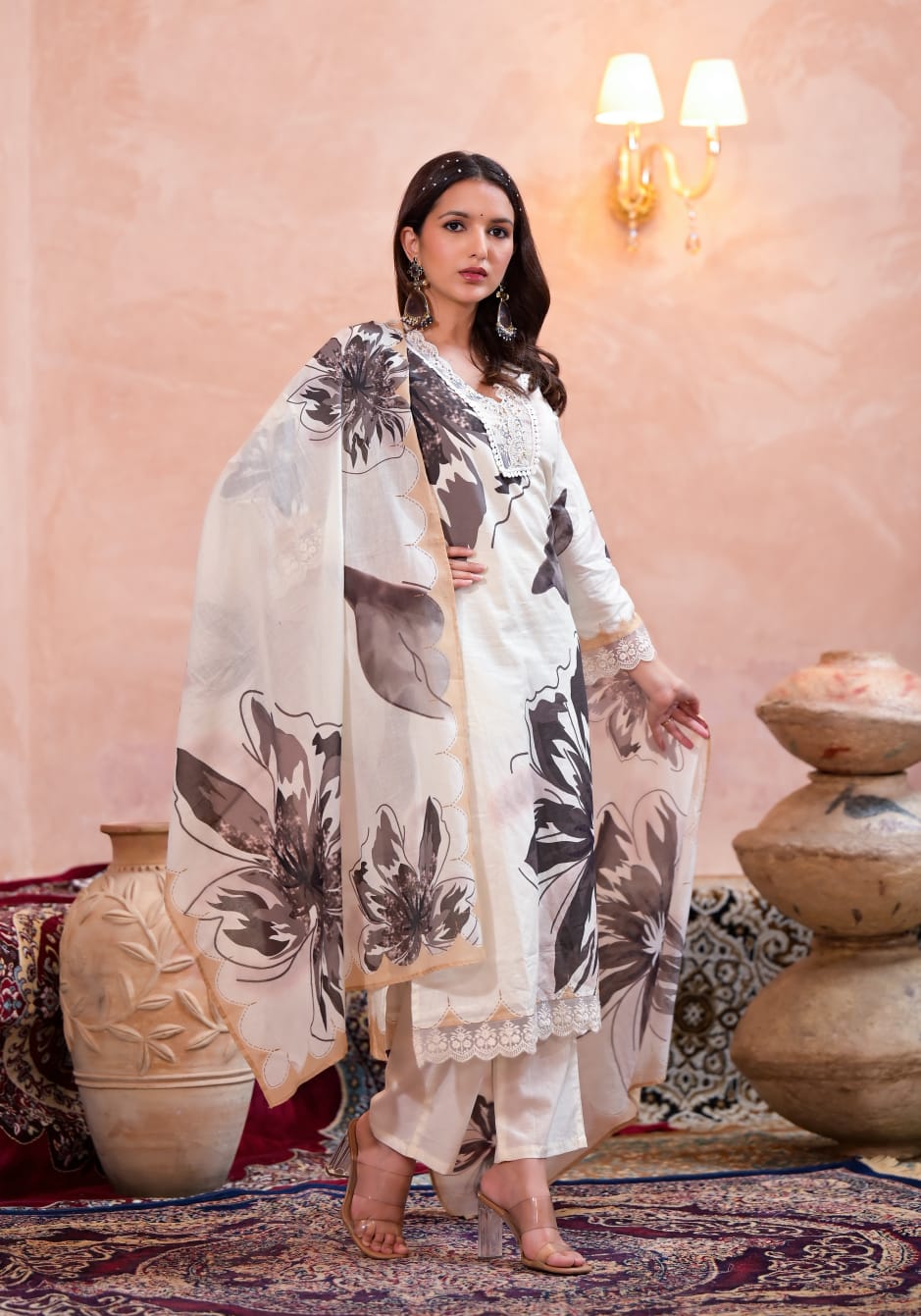 Aashna Floral Printed B&W Pakistani Straight Suit Set