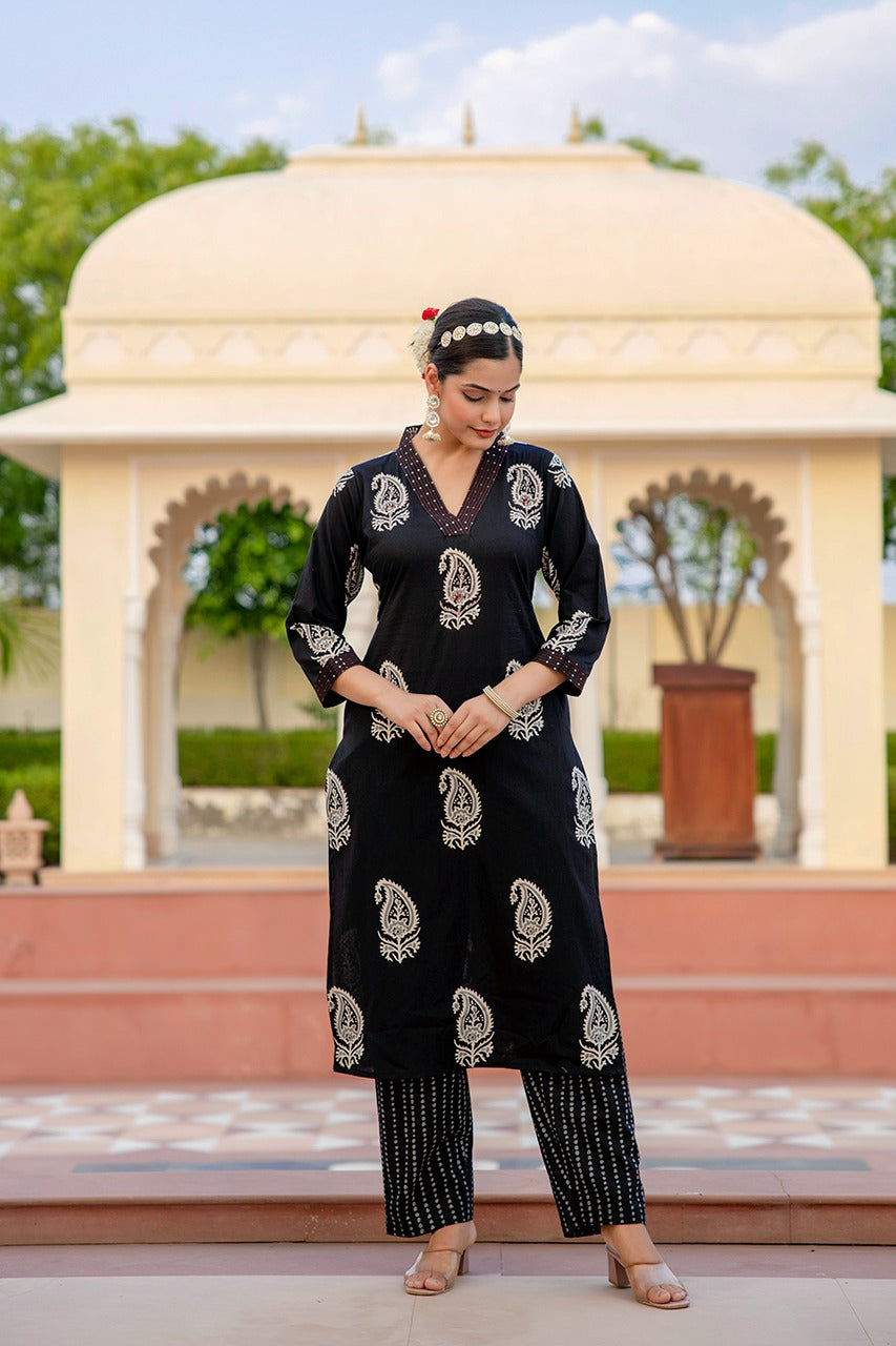 Kripa Block printed Black Straight Suit Set