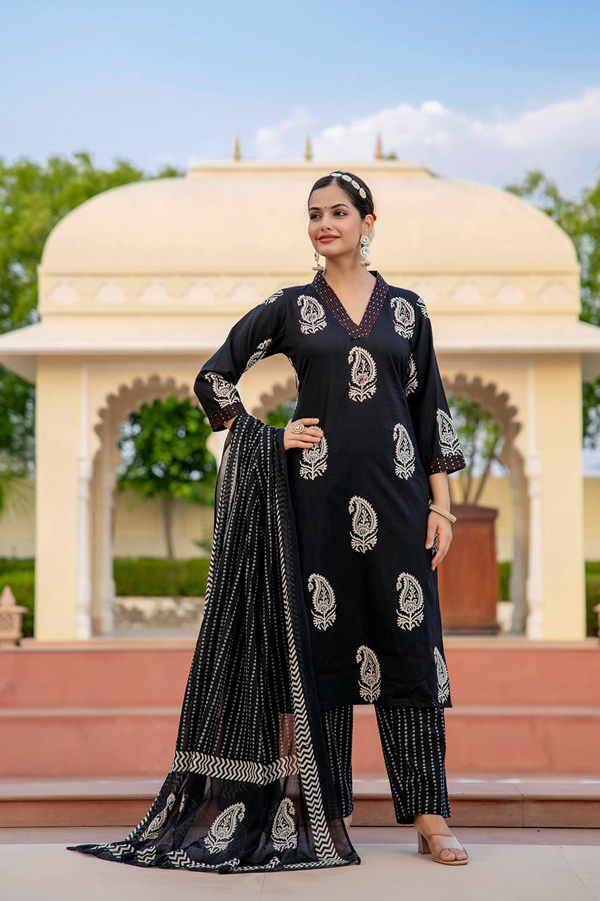 Kripa Block printed Black Straight Suit Set