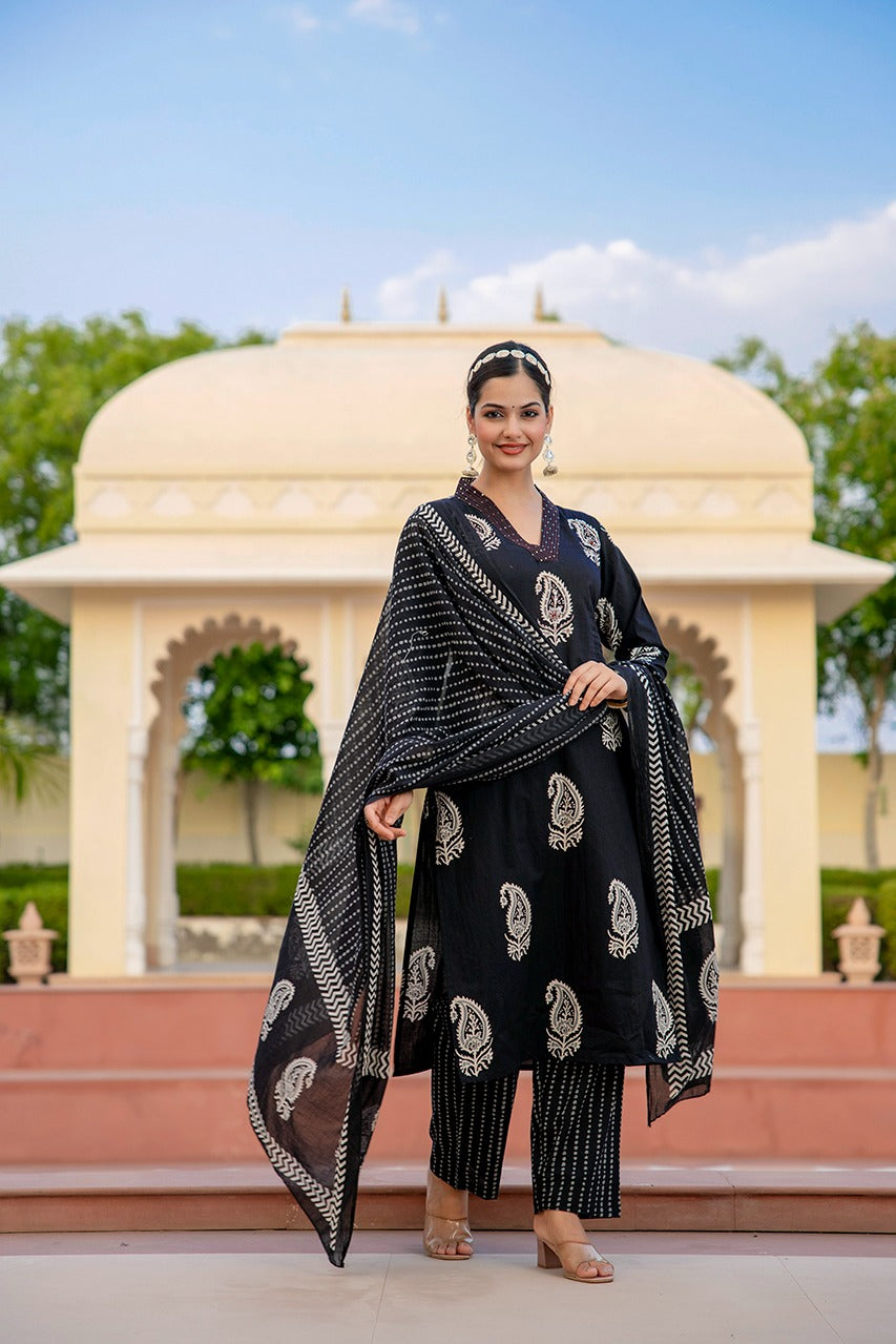 Kripa Block printed Black Straight Suit Set