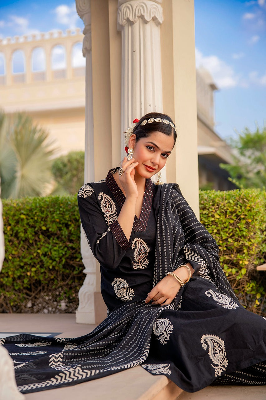 Kripa Block printed Black Straight Suit Set