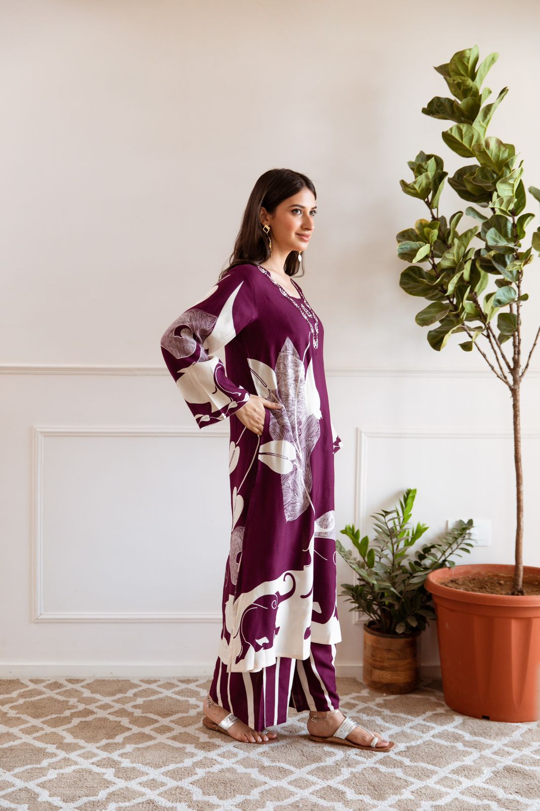 Navya Pakistani style Printed Wine Co-Ord Set