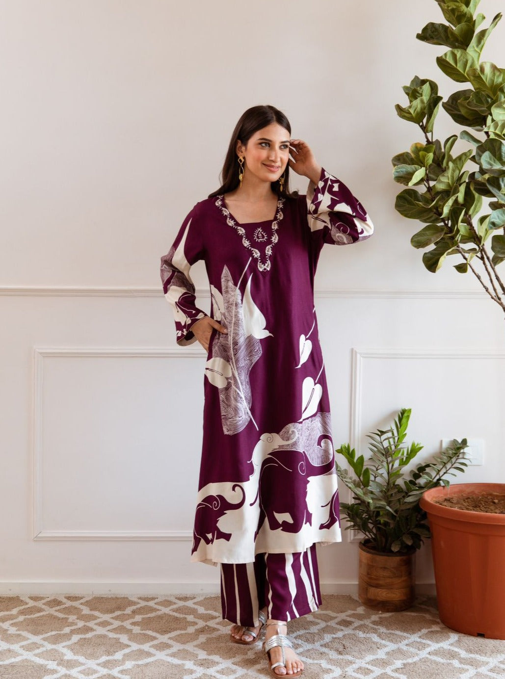 Navya Pakistani style Printed Wine Co-Ord Set