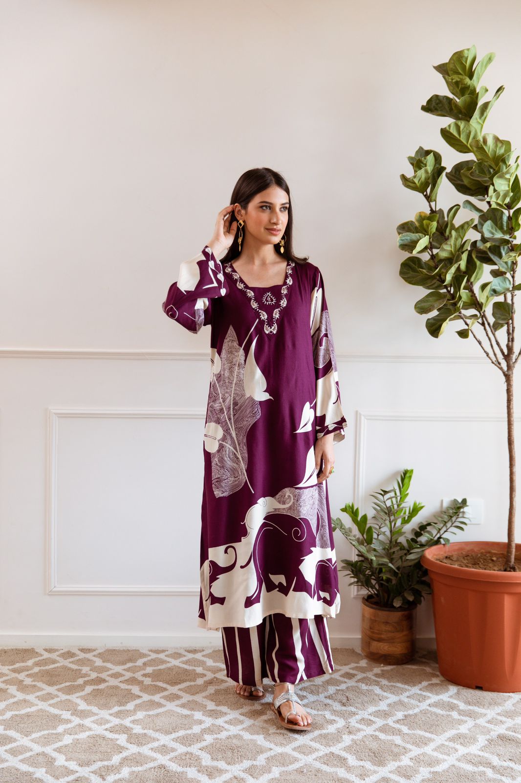 Navya Pakistani style Printed Wine Co-Ord Set