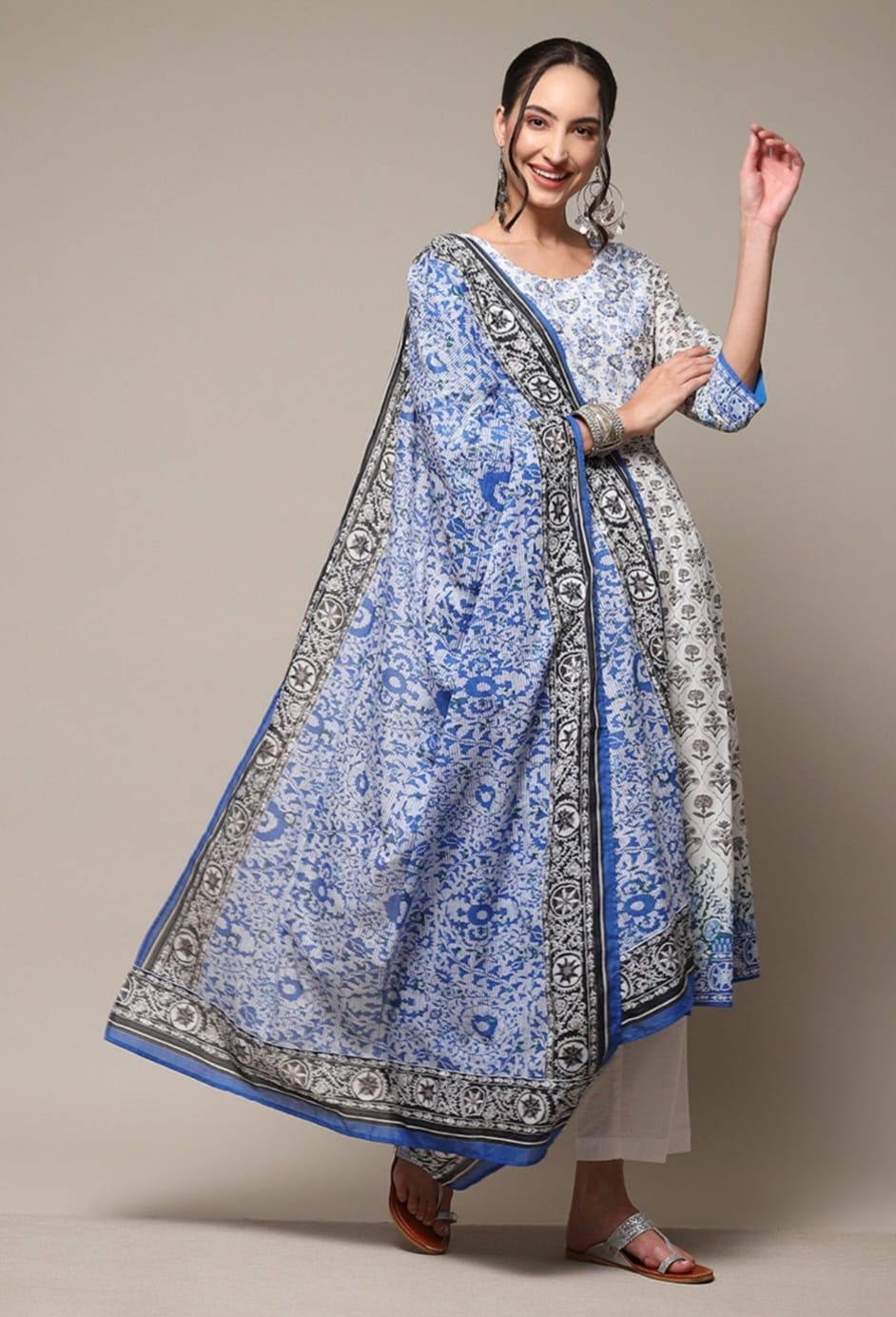 Ditya Block Printed Blue White Frock Suit Set